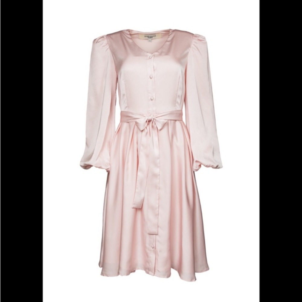 JessaKae Chateau Dress S satin midi party cocktail buttons up puffy sleeves midi